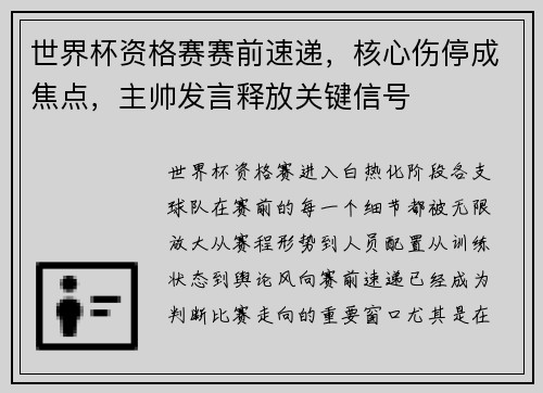 世界杯资格赛赛前速递，核心伤停成焦点，主帅发言释放关键信号
